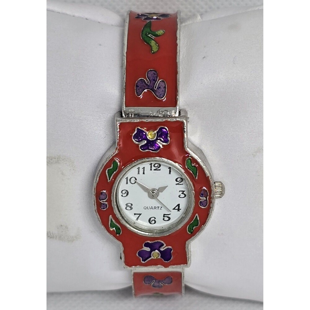 Women's Trendy Round Floral Red Silver Tone Cuff Bracelet Watch 13 - Picture 4 of 8